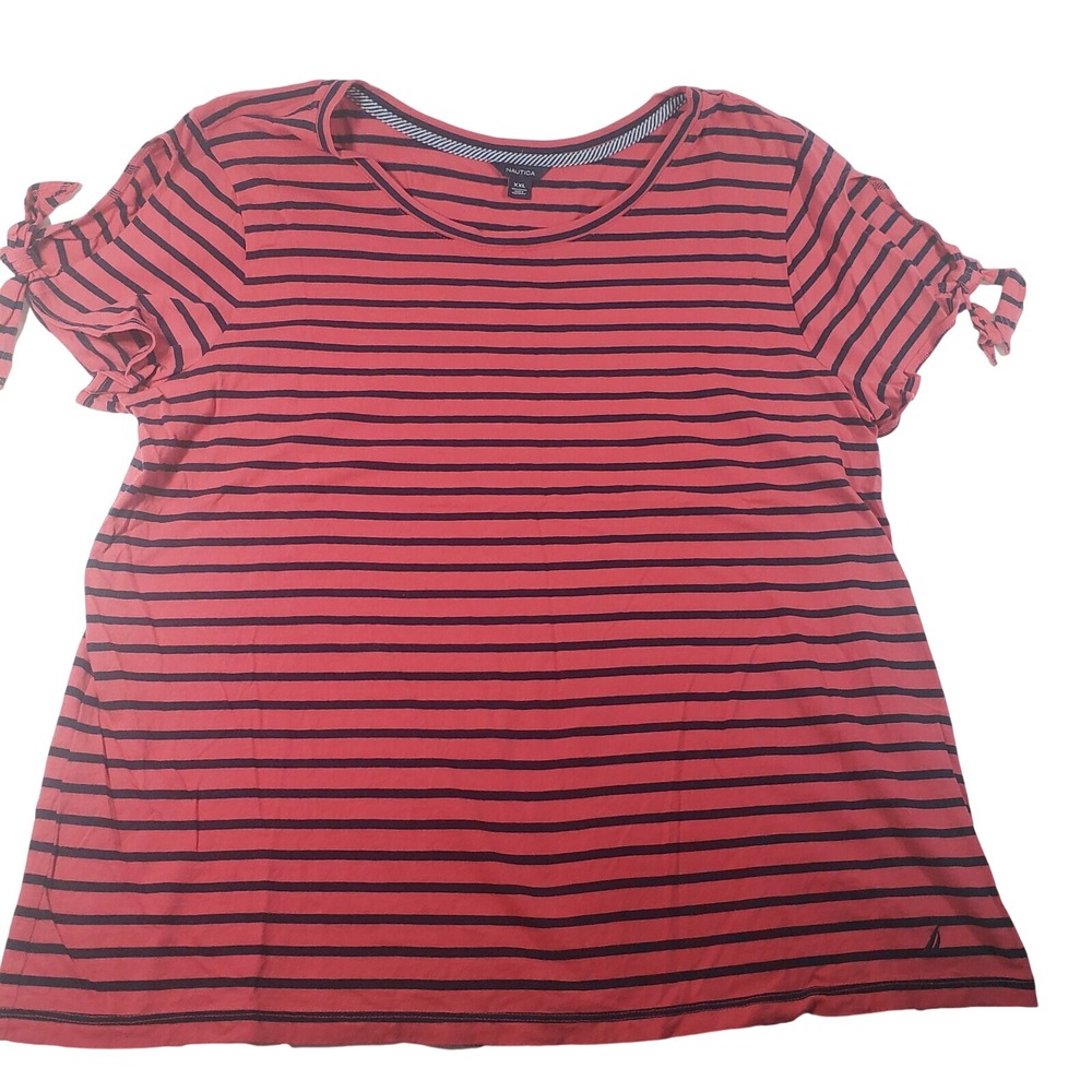Nautica Womens XXL Striped Tie Sleeve Cotton Knit Top‎ Coral Navy Blue 1387679